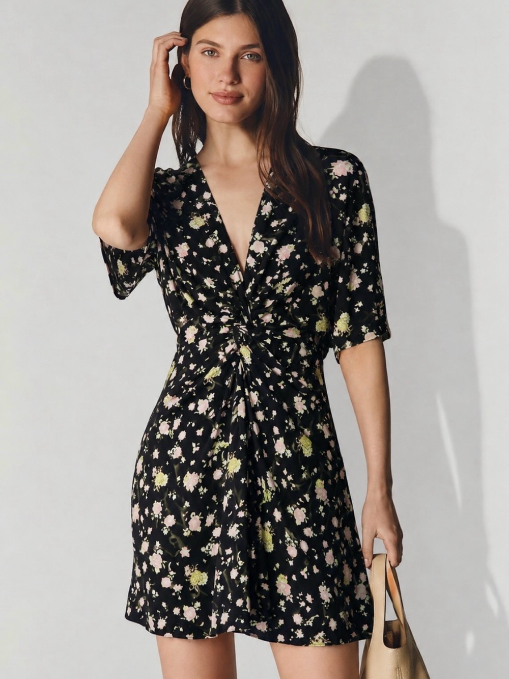 ZADIG & VOLTAIRE Rozom Soft Crinkle Roses Black Floral Dress Size L